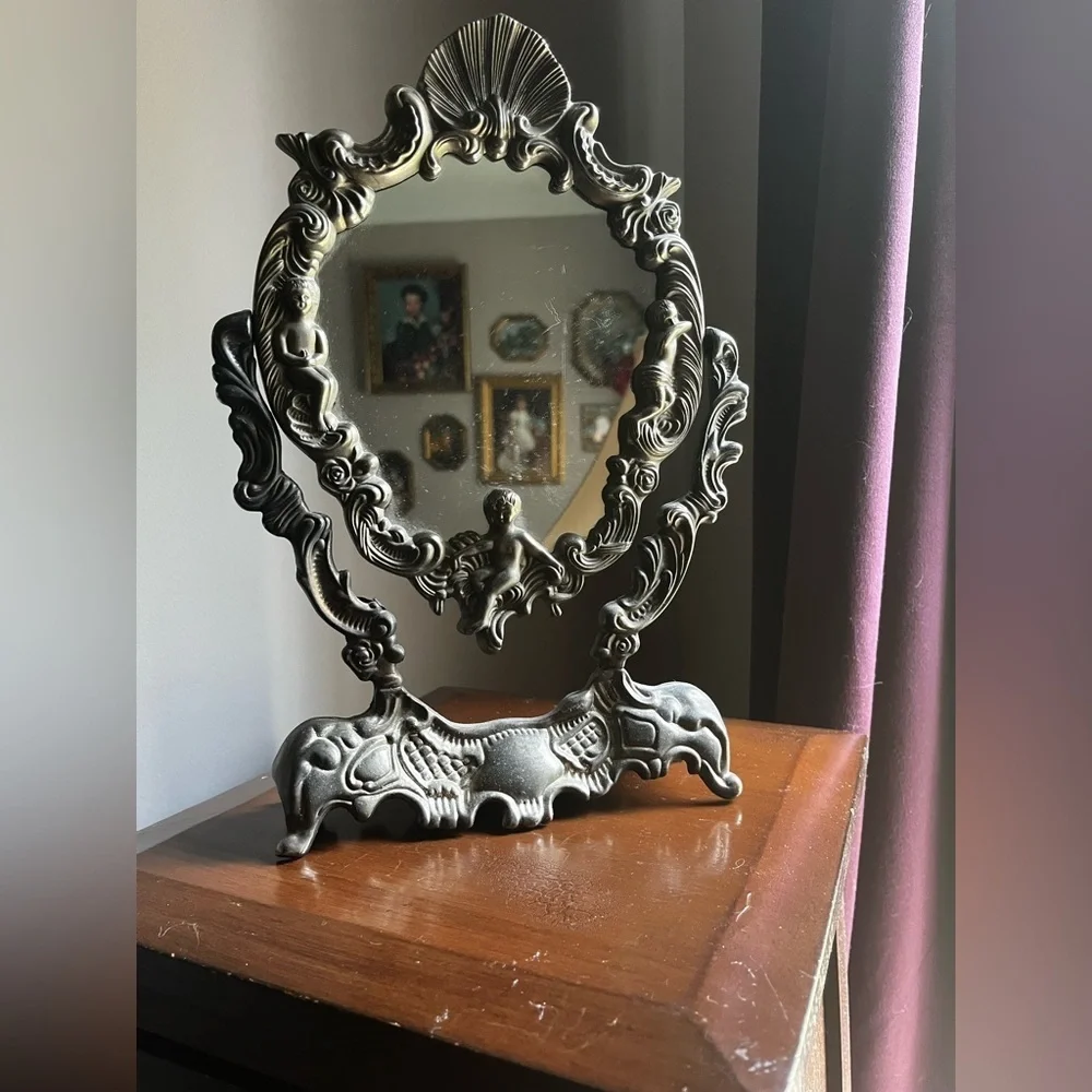 Vintage Ornate silver plated cherubs Tabletop Mirror